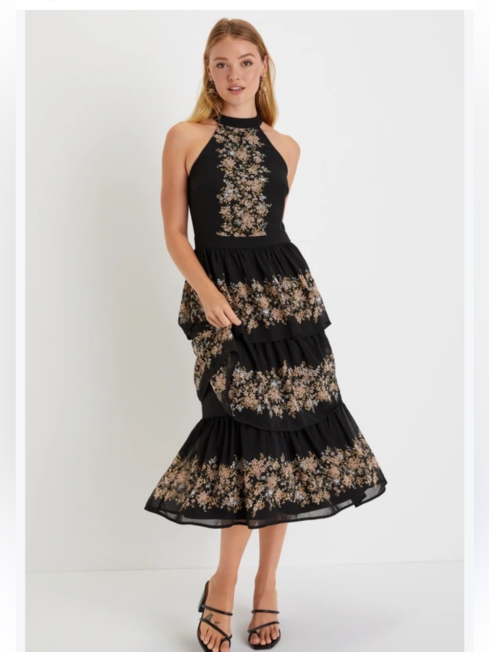 Lulus Iconic Elegance Black Floral Print Halter Tiered Midi Dress!NWT